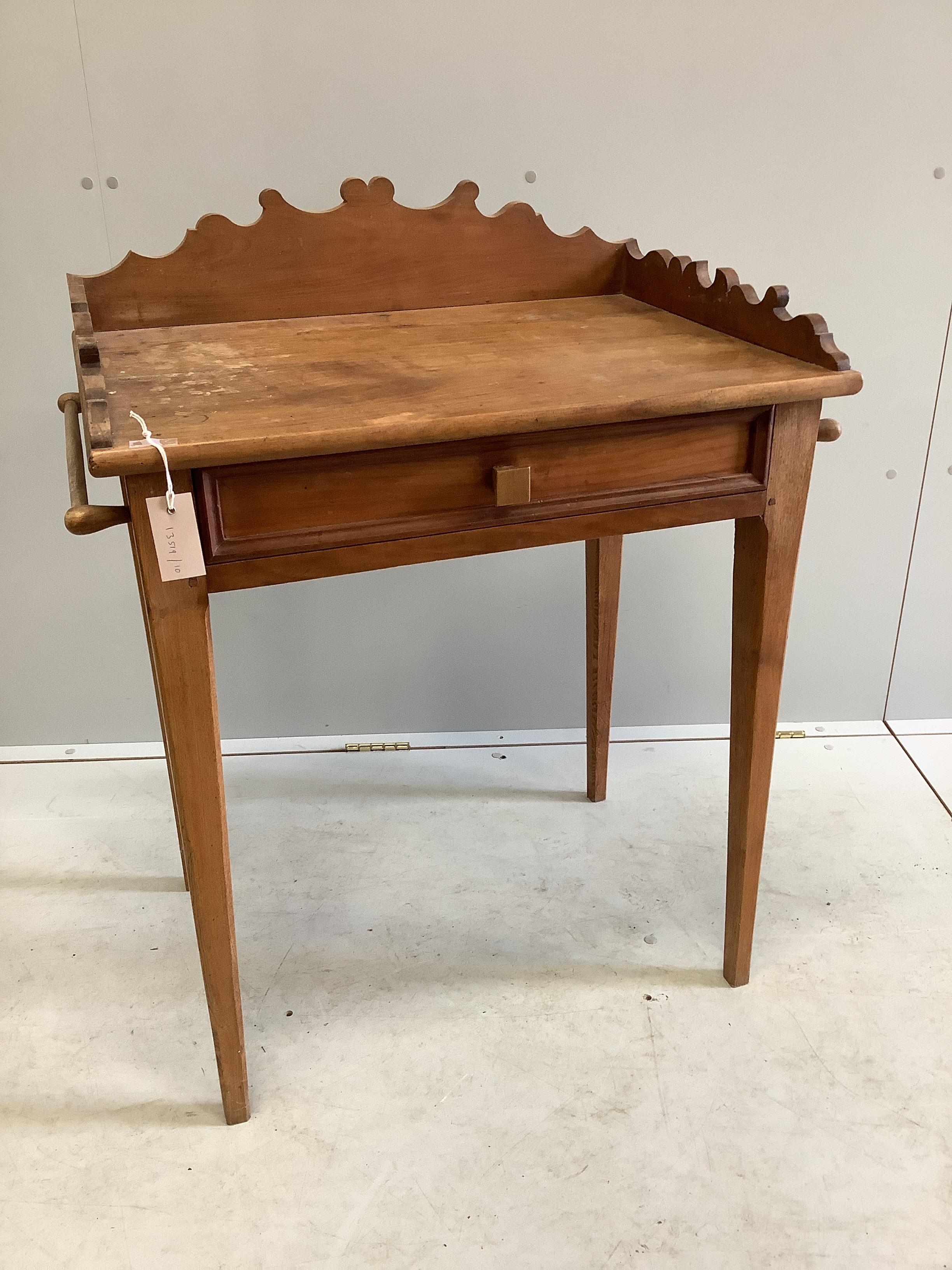 A late 19th century French cherry single drawer washstand, width 74cm, depth 51cm, height 84cm